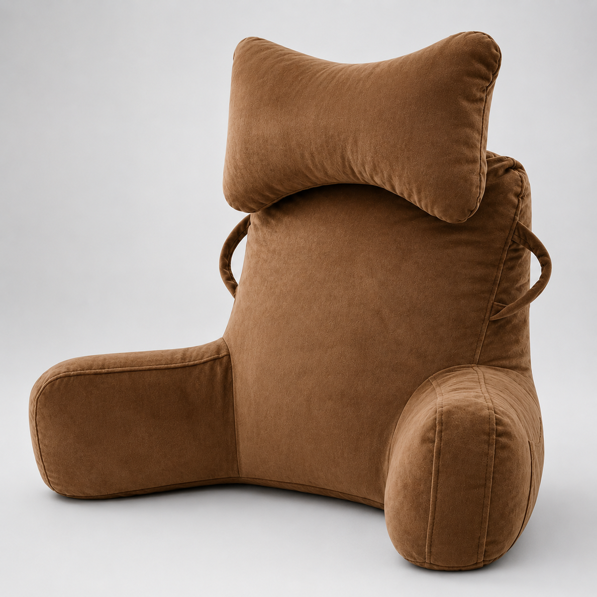The Cwtch by SoloHaven — Grey velvet reading pillow with neck cushion and armrests, styled for use in bed or on a sofa