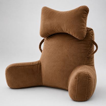 The Cwtch by SoloHaven — Grey velvet reading pillow with neck cushion and armrests, styled for use in bed or on a sofa